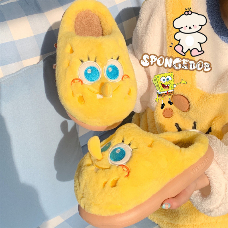 Xixitiao Cotton Dép SpongeBob SquarePants Thu Đông Phong Cách Baotou Lông Cừu Ấm Áp Trong Nhà Mềm Dày-