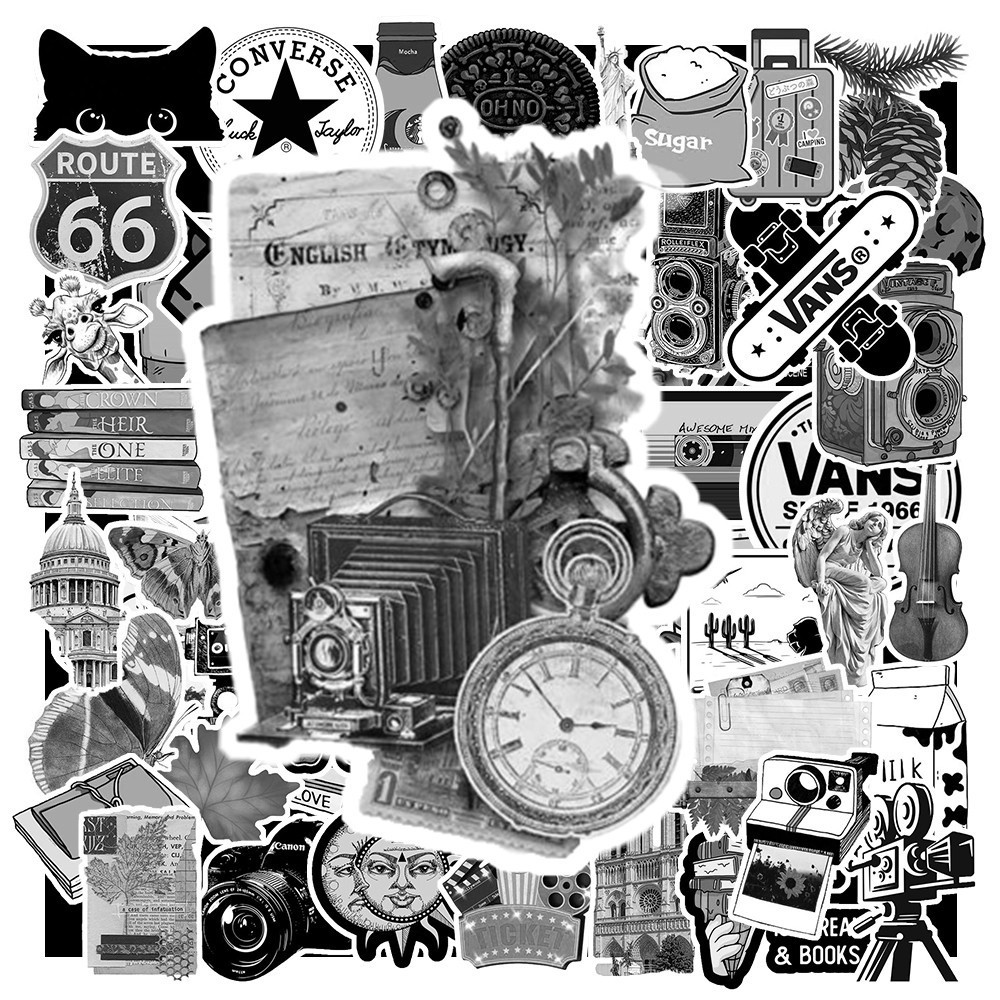 Hộp 50 Sticker Hình VINTAGE TRẮNG ĐEN Decal Phản Quang 7 Màu Halogram Chống Nước NSX Gì Cũng In | MS: 000184