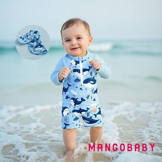 Mg-toddler Boy Rash Guard Đồ bơi có mũ 2 chiếc Bộ hoạt hình họa tiết cá voi có khóa kéo dài tay cổ tròn Đồ bơi