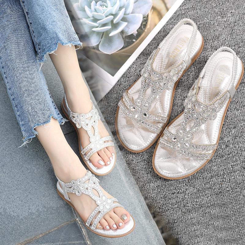 Plus Size Rỗng Ra Flat Kim Cương Giả Dép Phong Cách Bohemian Thoải Mái Giày Nữ