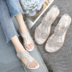 Plus Size Rỗng Ra Flat Kim Cương Giả Dép Phong Cách Bohemian Thoải Mái Giày Nữ