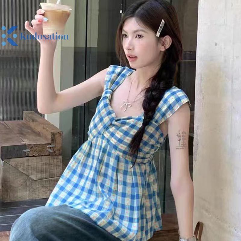 Kudosation Mùa Hè Nữ Retro Kẻ Sọc Hoa Cổ Vuông Không Tay Dễ Thương Thường Ngày Xe Tăng Top Đẹp