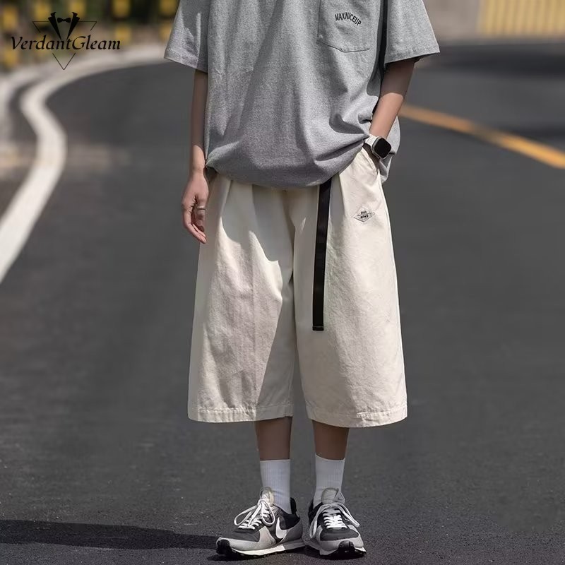 VG Nhật Bản retro quần crop giản dị nam mùa hè phong cách Hồng Kông Quần ngắn ống rộng mỏng