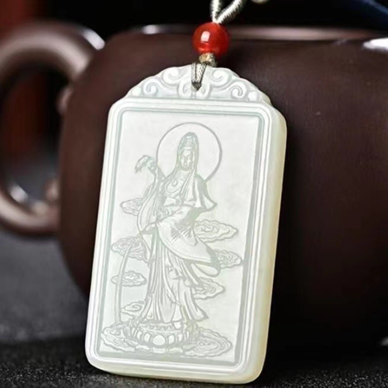 Mặt dây chuyền ngọc trắng xanh Guanyin ngọc trắng Thương hiệu Guanyin