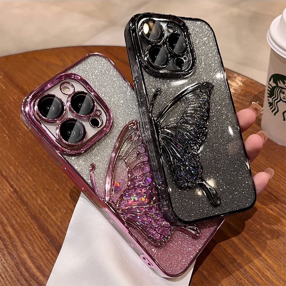 Ốp điện thoại hình bướm lấp lánh Gradient cho IPhone 12 13 14 15 Pro Max 16 Plus Vỏ nhựa TPU mềm có bảo vệ Camera Vỏ chống sốc