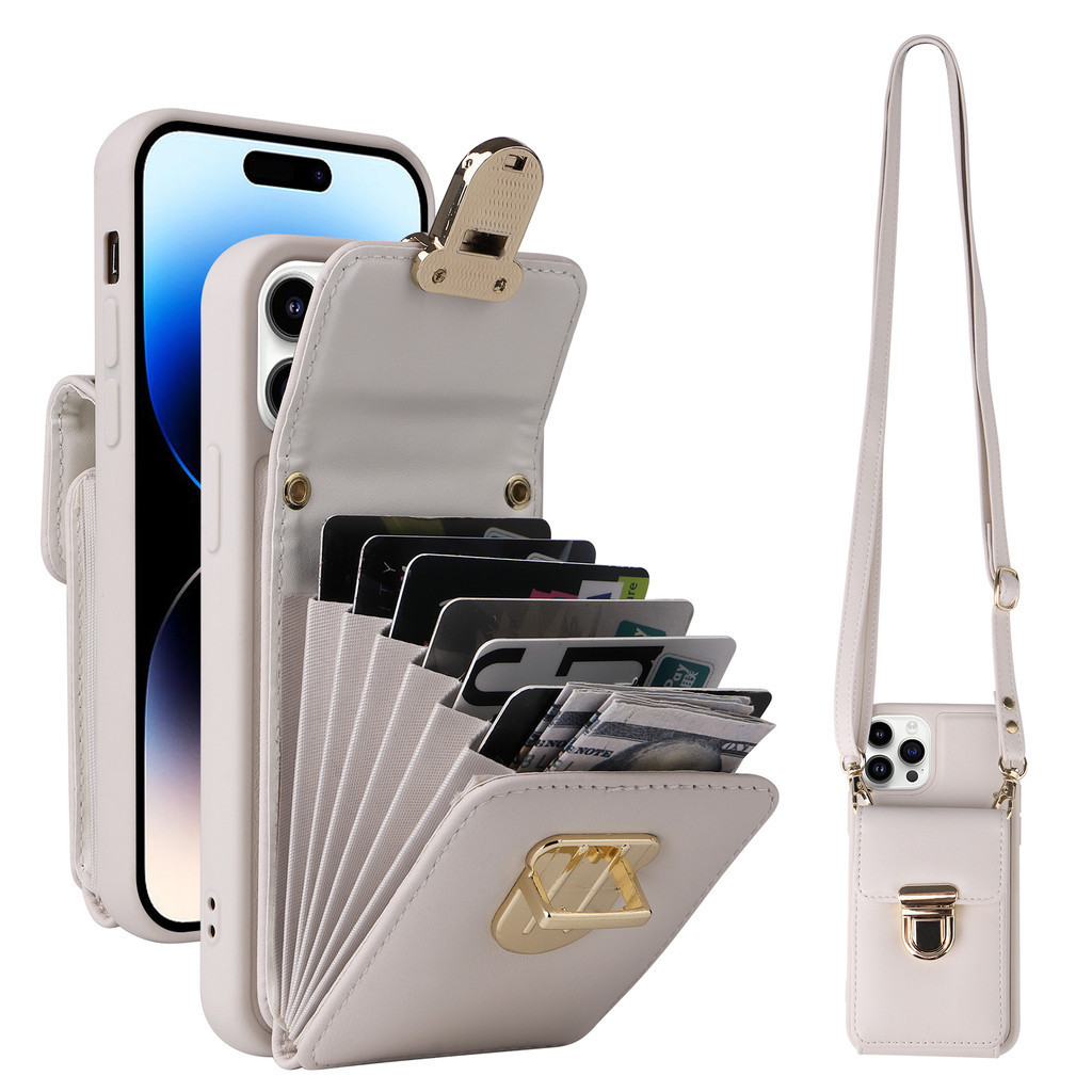 Ốp Điện Thoại Da Dây Đeo Ngang Cho IPhone 15 14 13 12 11 Pro XR XS Max 8 7 Plus Ví Có Giá Đỡ Thẻ Mặt Sau Đứng Bao