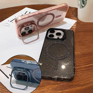 [Jlk] Ốp sạc không dây từ tính lấp lánh Bling cho iPhone 14 13 11 12 15 16 Pro Max Giá đỡ máy ảnh Vỏ cứng Acrylic trong suốt
