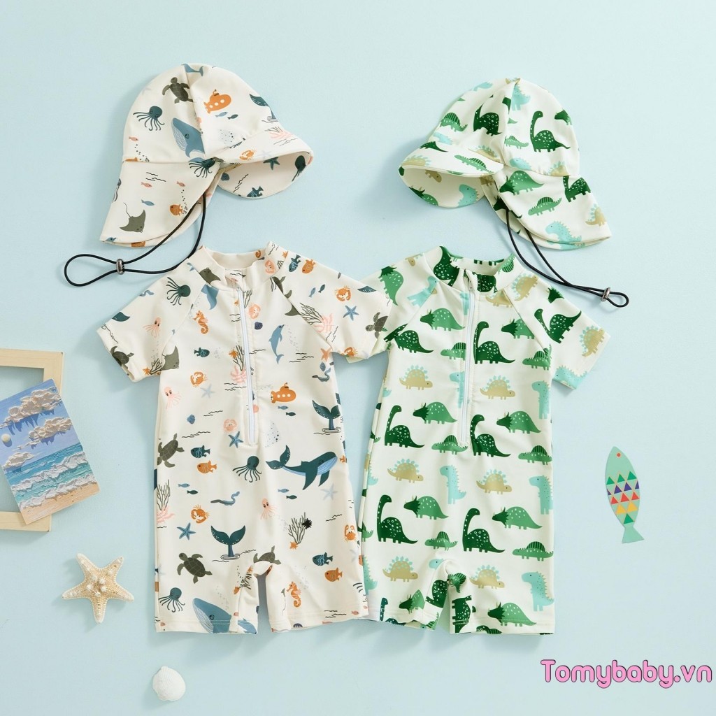 Đồ Bơi Bé Trai Chống Nắng Tay Ngắn Cổ Tròn In Hình Động Vật Dây Kéo Đồ Bơi + Mũ