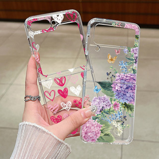 Hoa Dễ Thương Họa Tiết Tình Yêu Trong Suốt Silicon Mềm Vỏ Điện Thoại Cho Samsung Galaxy Z Flip 6 Flip 5 Flip 4 Flip 6 5 4 3 Khóa Kim Loại Silicon Gấp Bao