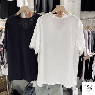 Áo thun tay ngắn cỡ lớn dành cho nữ, phong cách Hàn, dáng rộng 75kg Áo cổ chữ V bằng cotton nguyên chất có thiết kế viền ren rỗng, tôn dáng và đa năng dành cho phụ nữ ngoại cỡ