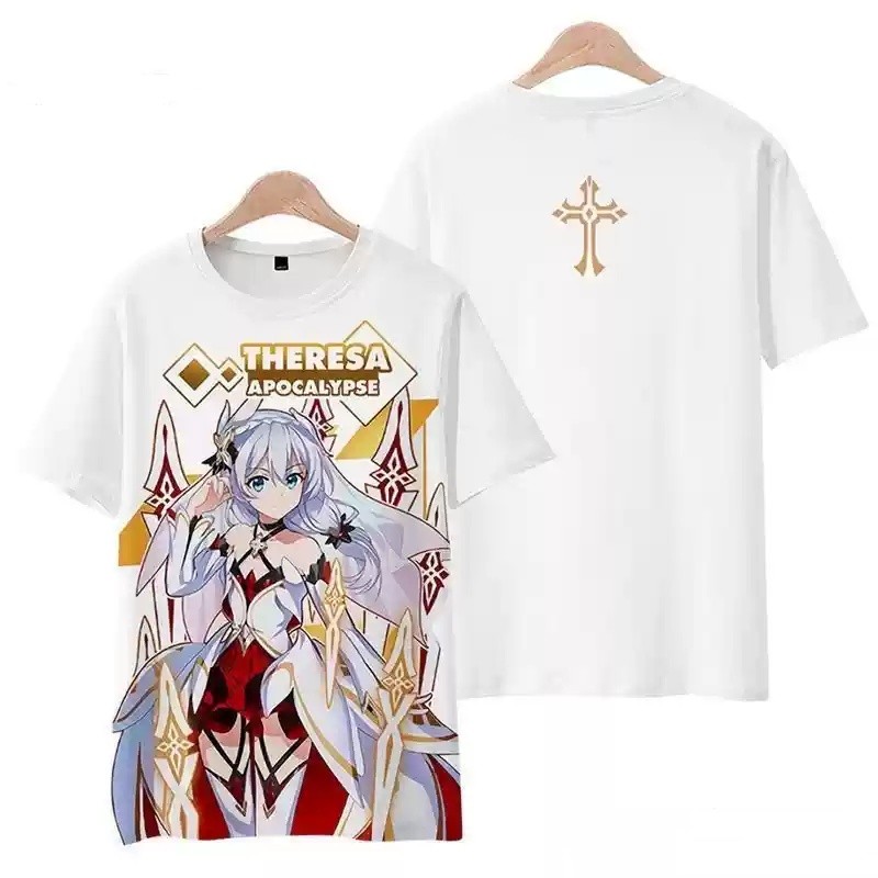 Áo thun cosplay Theresa Apocalypse từ Honkai Impact 3, vải full graphic, phù hợp mùa hè