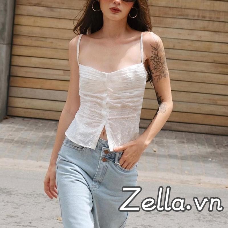 Phụ Nữ Spaghetti Dây Camisole Không Tay Ruched Rỗng Móc Hoa Nút Mỏng Xe Tăng Áo