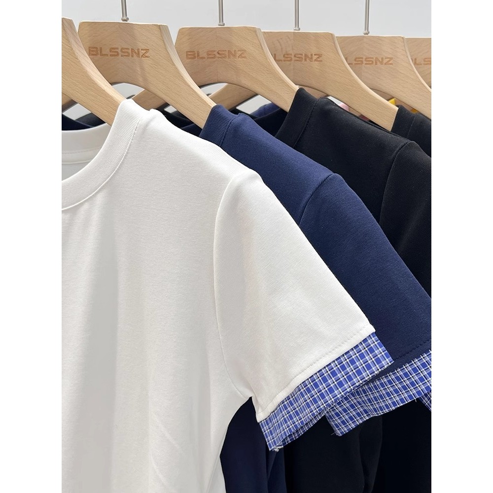 Milyfashion Áo Thun Nữ Tay Ngắn Màu Trắng Mùa Hè Phong Cách Mới Thiết Kế Độc Đáo Niche Kẻ Sọc Khâu Top Nữ Nửa Tay Hợp Thời Trang 2025