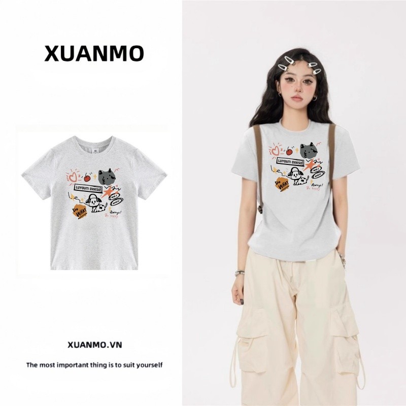 XUANMO Local brand Áo baby tee Áo Thun ôm body Áo y2k cotton Áo thun ngắn tay cổ tròn in đơn giản màu xám cho phụ nữ
