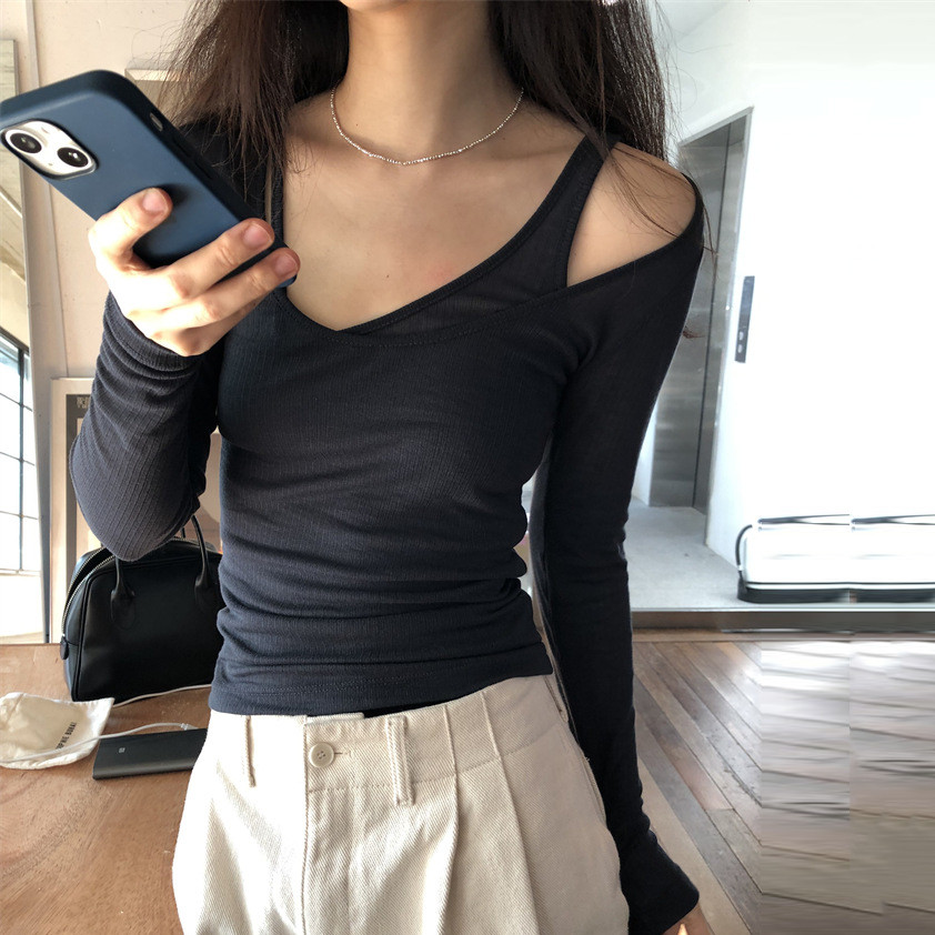 SUXI Áo thun dài tay màu trơn đơn giản dành cho nữ mùa xuân 250310