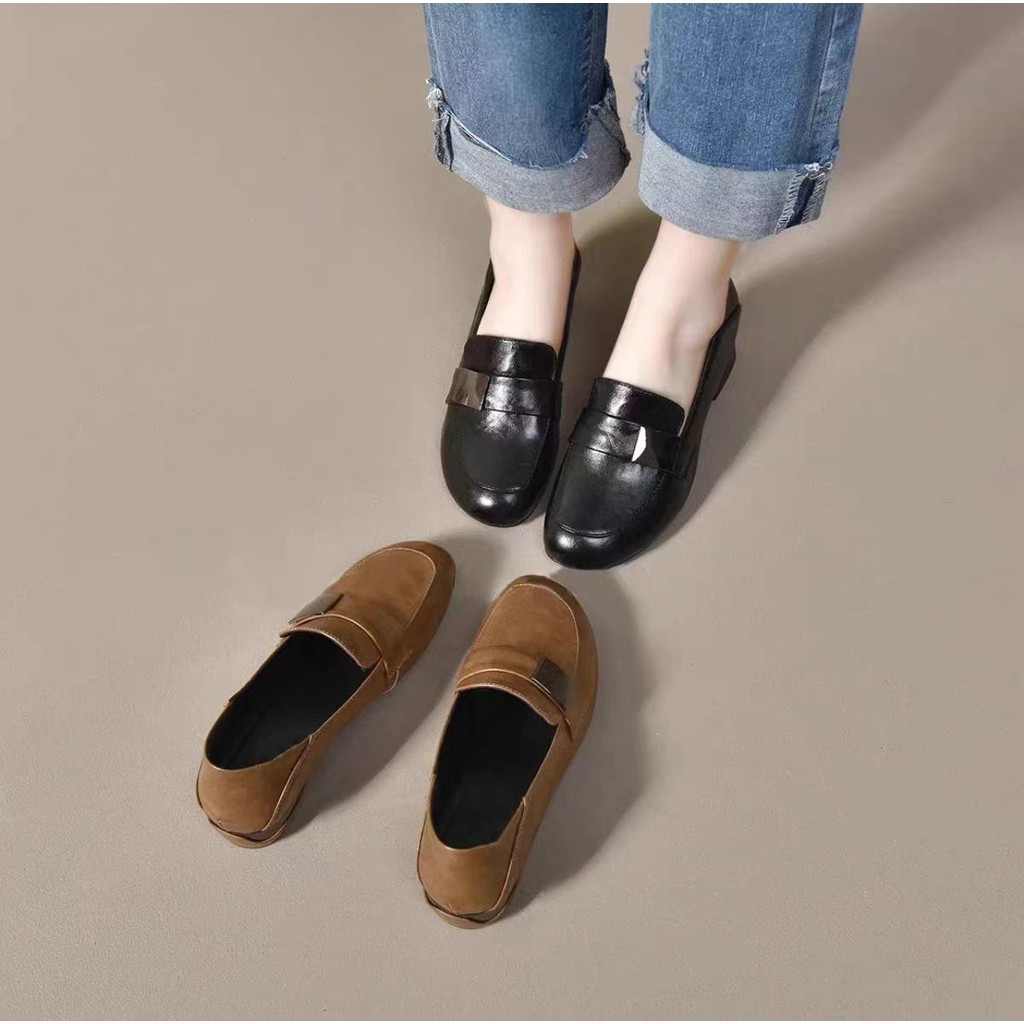 Retro Handmade Da Mềm Loafers 2024 Xuân Thu Thấp Gót Nông Miệng Đế Mềm Mũi Tròn Chống Trơn Trượt Giày Da Đơn Nữ 25.3.12