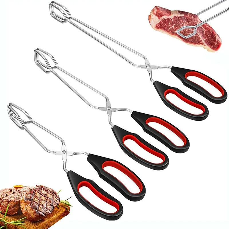 3sizes Thịt Nướng Kéo Tông Chống Trơn Trượt Nướng Thực Phẩm Bánh Mì Tông Kim Loại BBQ Nướng Kẹp Với Tay Cầm Dài Phụ Kiện Nấu Ăn Nhà Bếp