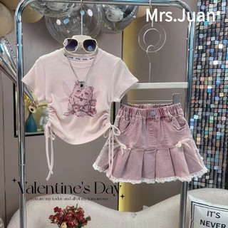 Set Váy Bé Gái Dễ Thương - Áo Thun Hình Mèo Rút Dây + Váy Jean Xếp Ly Công Chúa, Phong Cách Hàn Quốc