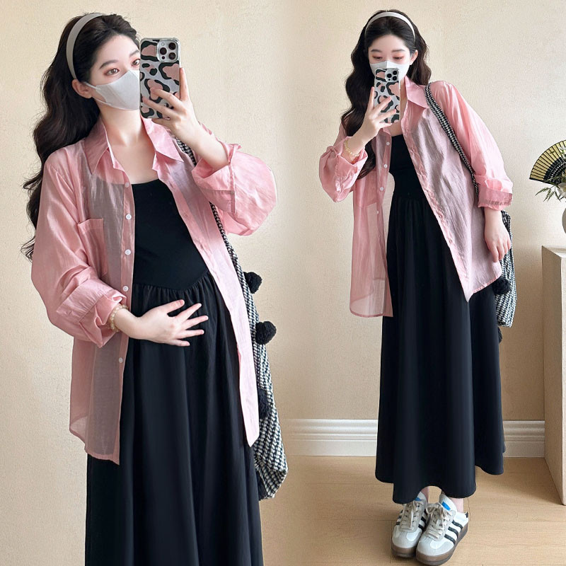 Bộ đồ bà bầu Mùa hè 2025 Áo sơ mi chống nắng phong cách mới + Váy Sling Bộ đồ hai mảnh