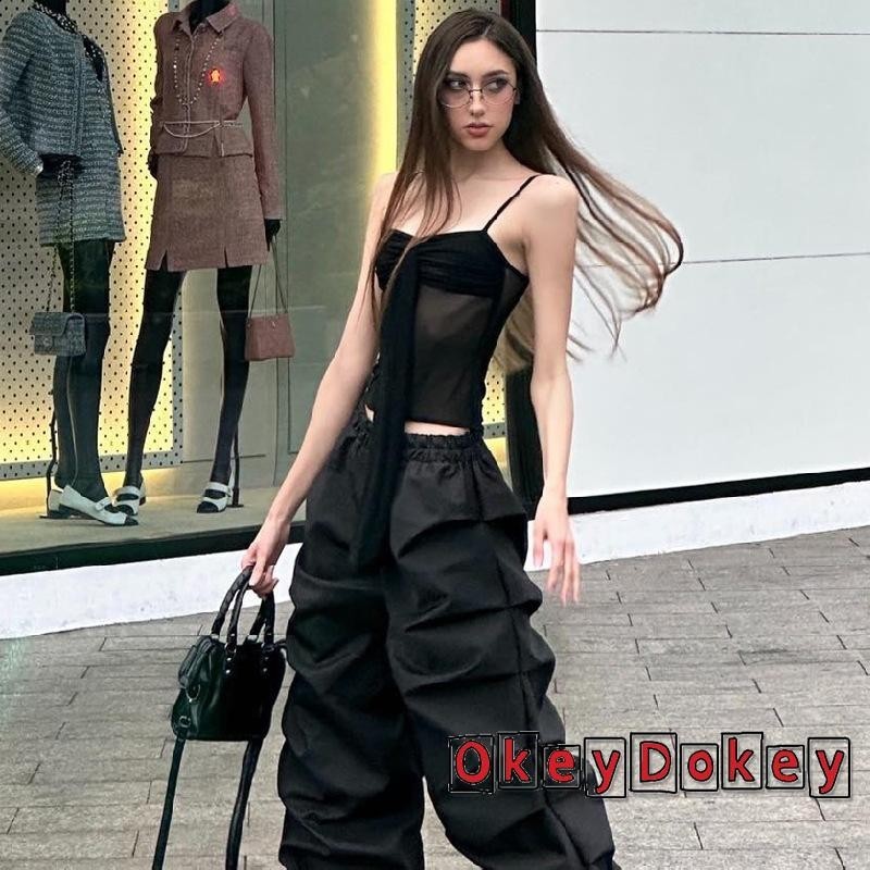 Okdk-Áo hai dây ngắn tay mùa hè dành cho nữ không tay cắt thấp màu trơn Slim Ruched