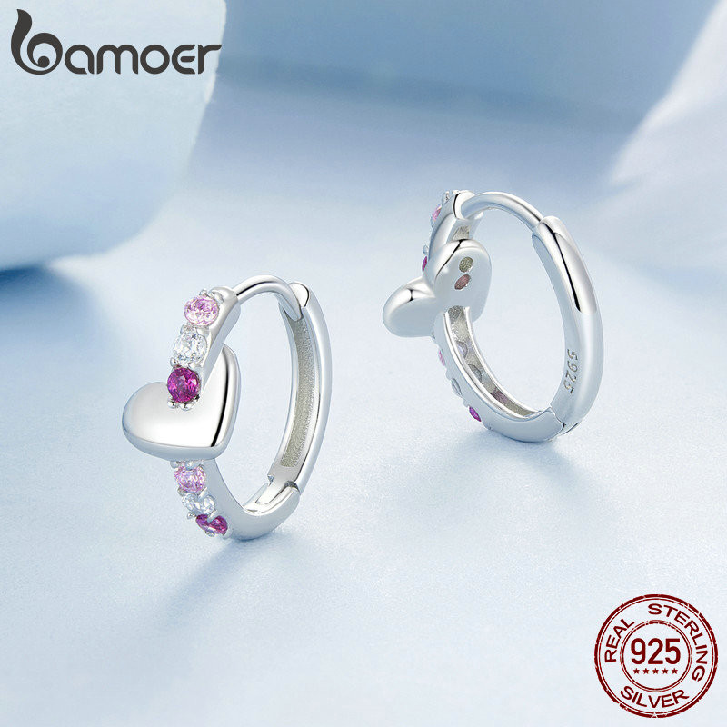 Bamoer 925 Sterling Sliver Bông Tai Hình Trái Tim Cầu Vồng Trang Sức Quà Tặng Cho Nữ