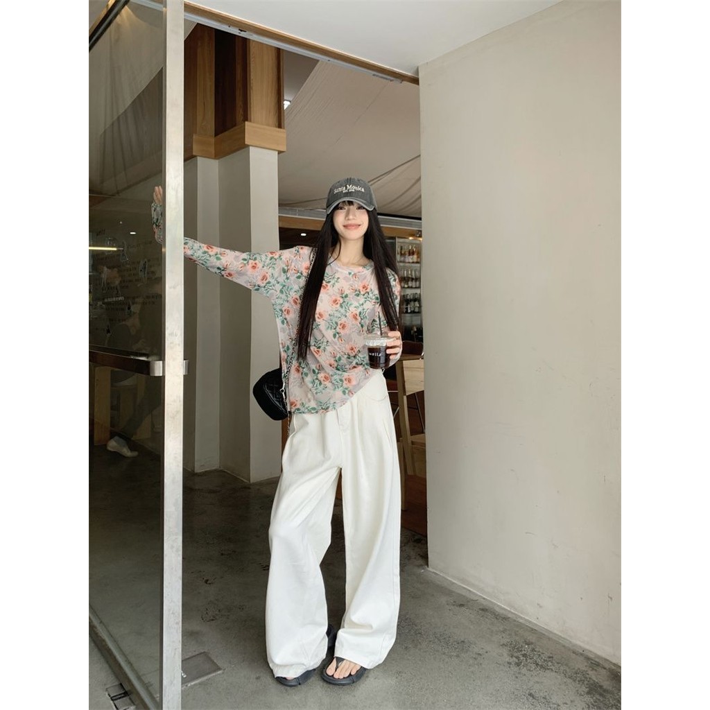 Milyfashion Rời Kích Thước Lớn Thường Ngày Retro Hoa Dài Tay Đáy Áo Sơ Mi Phong Cách Mới Mùa Hè Chống Nắng Quần Áo Tulle Bên Ngoài Top