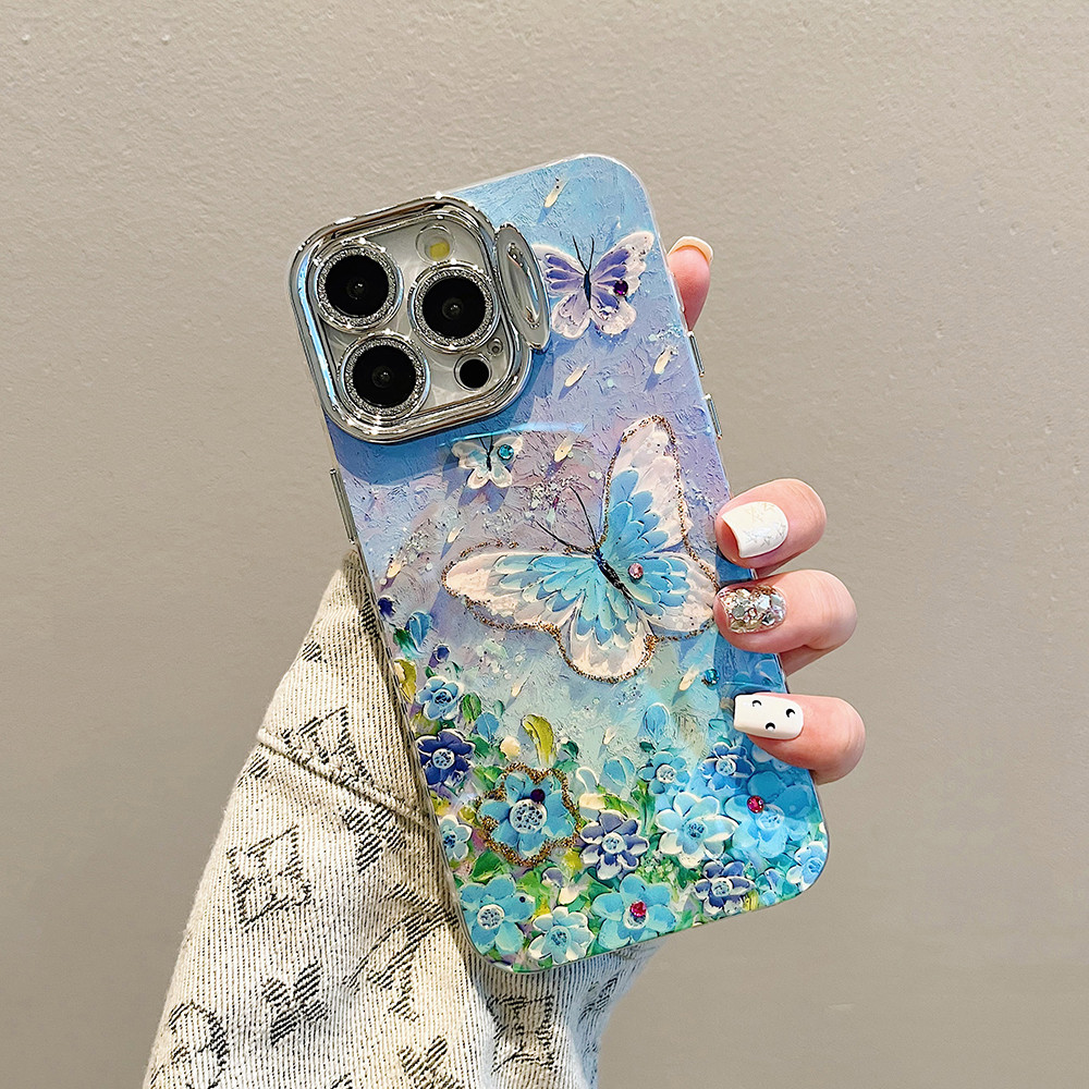 Phim bảo vệ khung ống kính vô hình Vỏ điện thoại cho iPhone 15pro Max 11 12 13 14 15 Pro Max 14 Plus 12pro 15pro Ốp lưng họa tiết bướm hoa màu xanh có vòng tay
