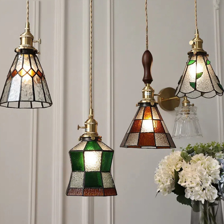 đèn thả bàn ăn LED cổ điển, đèn chùm kính màu, trang trí phòng ngủ, phòng khách, bếp