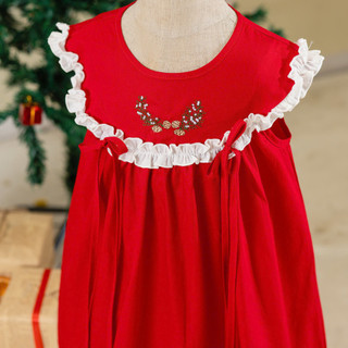 Váy Đỏ Thêu Hoa Phối Bèo Trắng Nơ Đỏ Chất Thô Cotton Cho Bé 8-26kg