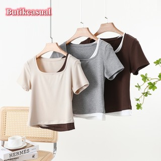 Nữ Ren Áo Thun Nữ Tay Ngắn Trơn 2025 Mùa Hè cotton Thời Trang Giả Hai Áo Sơ Mi Mỏng Áo Thường Ngày