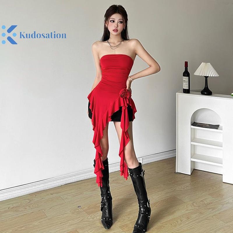 Kudosation Hoa Ruffle Khâu Váy Mini Nữ Xếp Ly Gợi Cảm Váy Bustier Đẹp