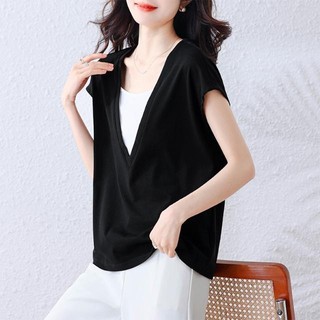 Mùa Hè 2025 Phong Cách Mới Thời Trang Top Giả Hai Mảnh Phù Hợp Với Áo Rời Bụng Ôm Hơn Nhìn Áo Thun Đơn Giản Thời Trang Hàng Đầu Nữ