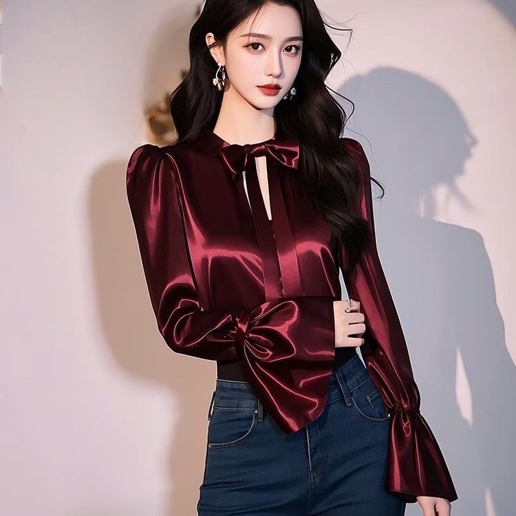 ✨Thời Trang Pháp Ren Nơ Rỗng Màu Trơn Áo Sơ Mi 2025 Đầu Xuân Xếp Ly Dài Tay Ôm-Fit Top Nữ 25.3.26