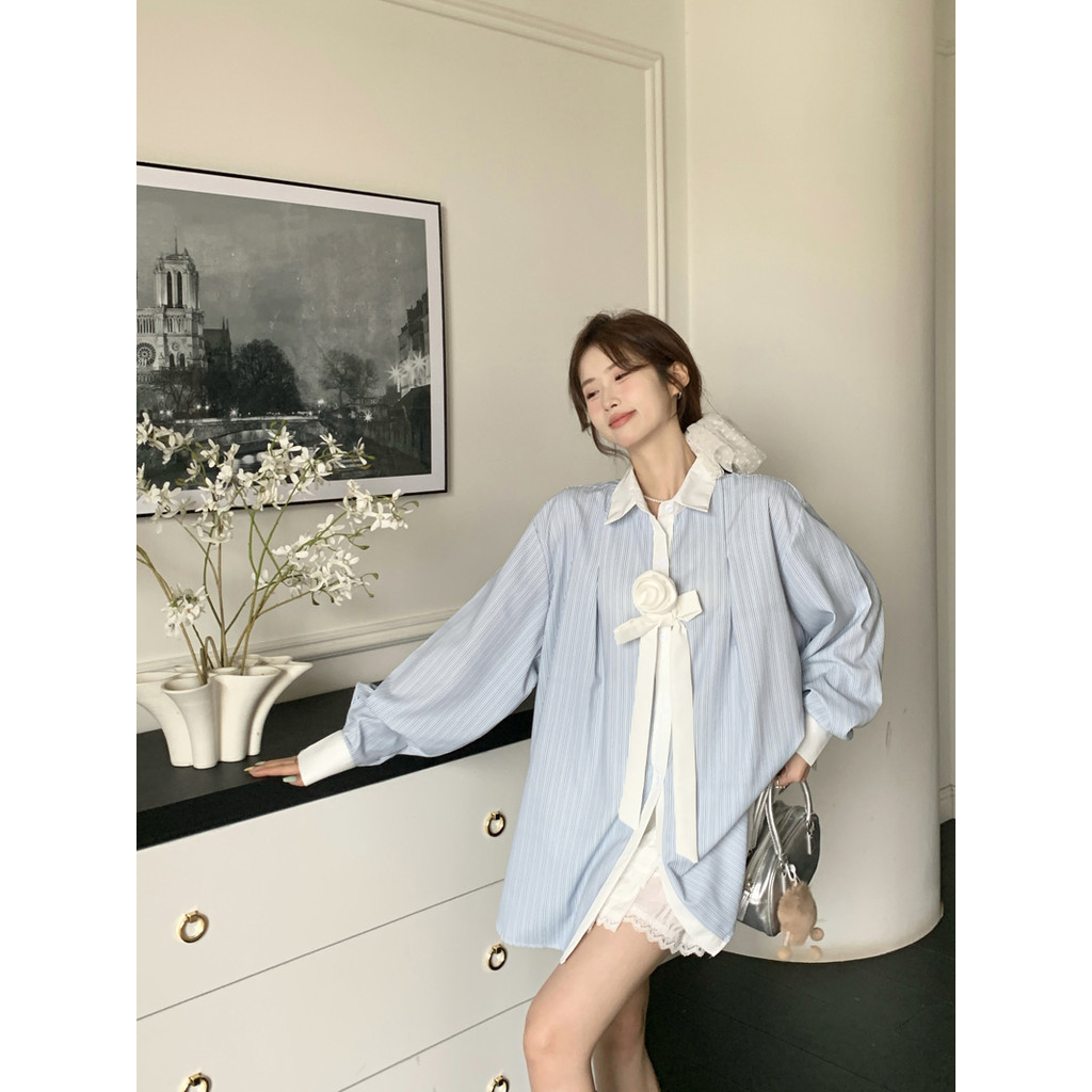 SUXI Áo sơ mi nữ sọc xanh đơn giản giản giản dị mới mùa xuân 250326
