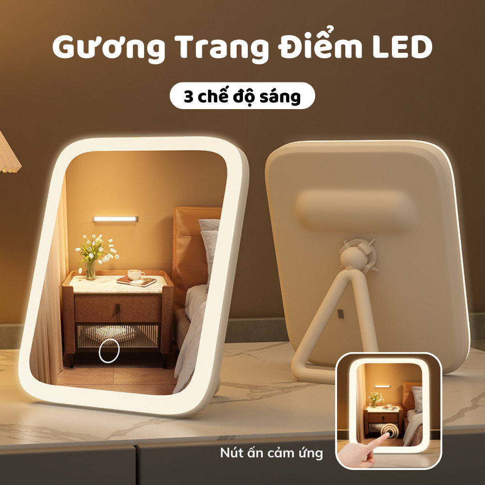 Gương Trang Điểm LED Để Bàn Cảm Ứng 3 Chế Độ Sáng Pin Sạc 1200mAh Xoay 360 Độ