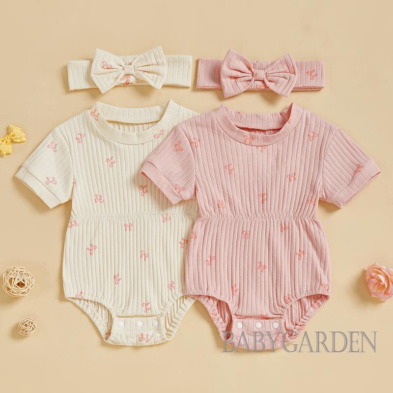 / / -Bộ Áo liền quần cổ tròn ngắn tay mùa hè cho bé gái có băng đô