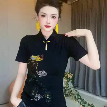 [L-5xl] Áo kiểu Trung Quốc dành cho nữ Áo sơ mi cổ điển Hot Fix Kim cương giả Quần áo cổ điển Áo sơ mi cổ điển Áo sơ mi nữ hợp thời trang cho quần áo nữ