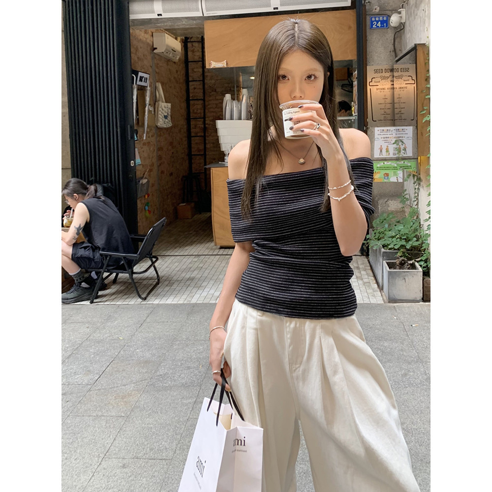 Suxi Gợi Cảm Tắt Vai Thời Trang Crop Top Đơn Giản Retro Sọc Áo Thun Nữ Tay Ngắn 240416