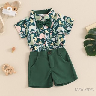 Baga-6 tháng-4years Bé Trai Quý Ông Trang Phục Khủng Long In Tay Ngắn Nút Áo Sơ Mi Có Thắt Nơ Và Quần Short Bộ Trang Phục Trang Trọng