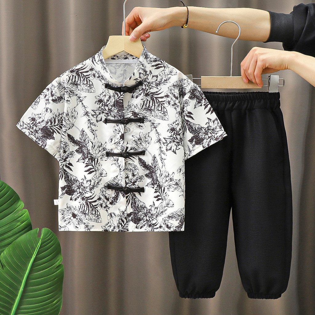 Bé Trai Phong Cách Trung Hoa Phù Hợp Với Mùa Hè Phong Cách Mới Thời Trang Hanfu Mùa Hè Tay Ngắn Quần Crop Mới Phong Cách Trung Hoa Khóa Đường Phù Hợp Với 90-150 Kích Thước RFAG
