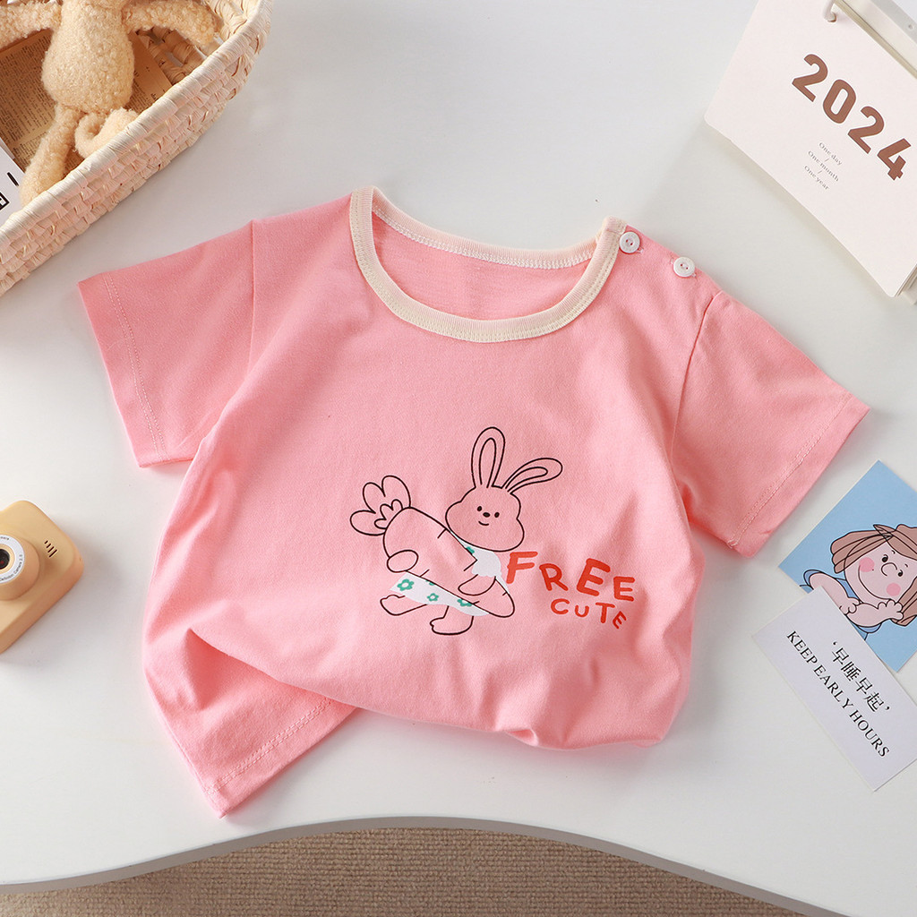 Phong Cách Mới Cotton Nguyên Chất Áo Thun Bé Gái Tay Ngắn Bé Trai Nửa Tay Áo Mồ Hôi @