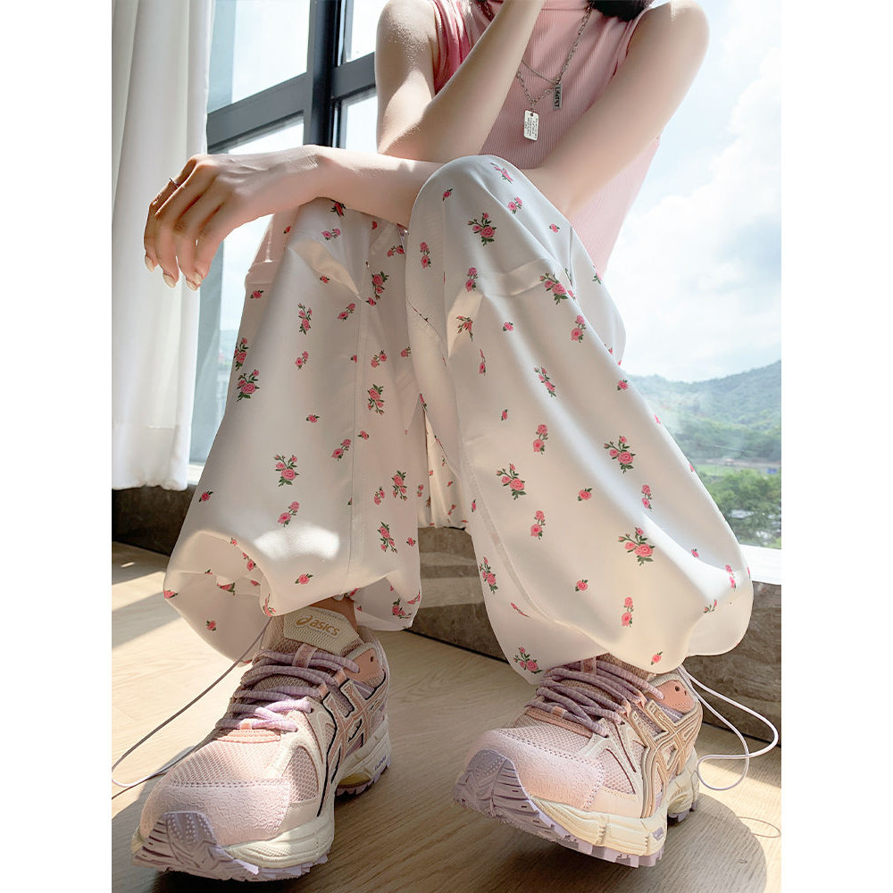 Quần ống rộng hoa nhí Quần yếm hoa quần hoạt hình trắng nữ Mùa hè eo cao ống rộng thẳng buộc kiểu Mỹ Thể thao khô nhanh