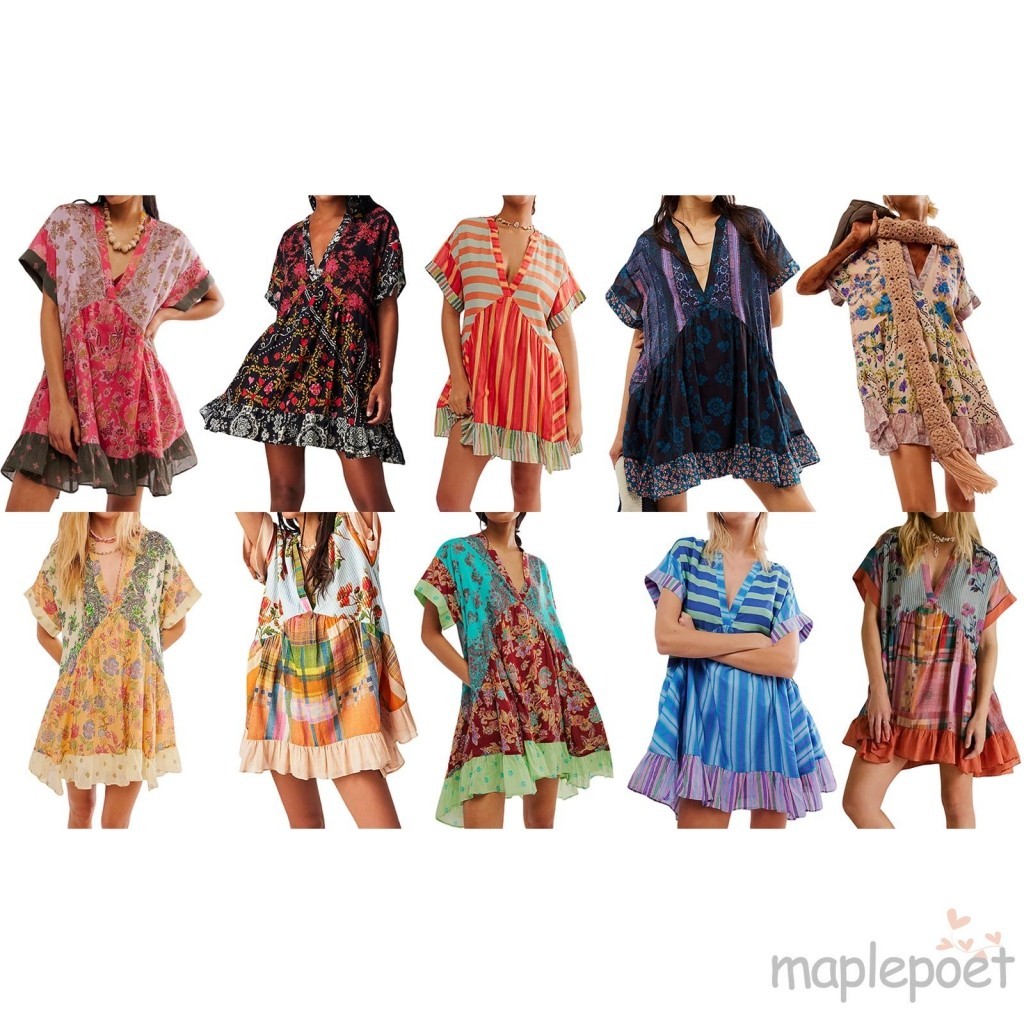 Maplepoet-đầm Babydoll mùa hè dành cho nữ Váy ngắn tay cổ chữ V in hoa Bohemian có túi