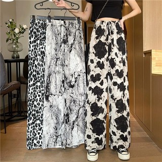Quần ống rộng lụa băng nữ mùa hè mỏng lụa băng in mực tie-dye quần dáng rộng thường ngày lau quần xu hướng