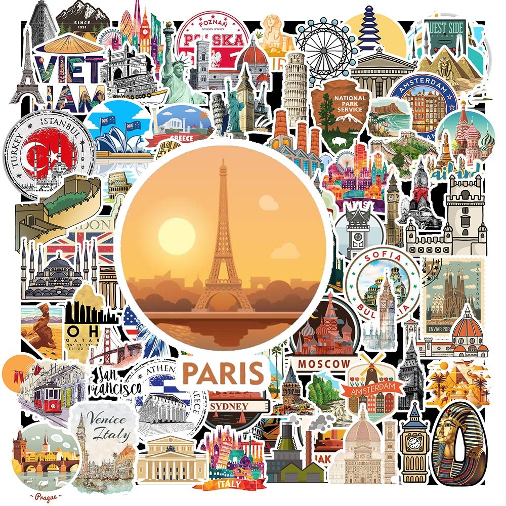 Set 50 Sticker Kỳ Quan Thế Giới – Travel Du Lịch | Chống Nước