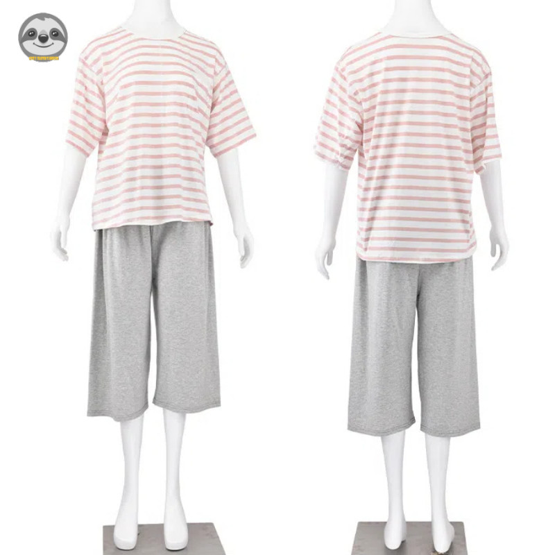 Phong cách Nhật Bản Muji Style / Bộ đồ ngồi ngắn tay Tianzhu Cotton liền mạch / Bộ đồ ngủ Cotton sọc nguyên chất / Bộ đồ ngủ cặp đôi thoáng khí
