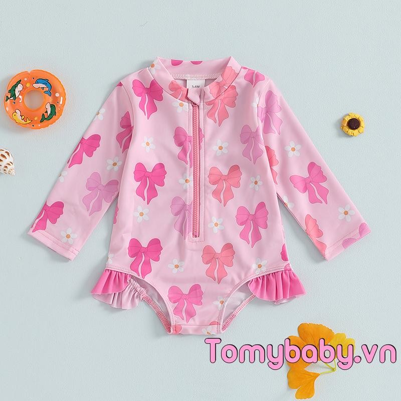 Bộ đồ bơi xếp nếp cho bé gái mới biết đi Họa tiết nơ dễ thương Tay dài Dây kéo Rash Guard Bộ đồ tắm