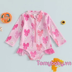 Bộ đồ bơi xếp nếp cho bé gái mới biết đi Họa tiết nơ dễ thương Tay dài Dây kéo Rash Guard Bộ đồ tắm