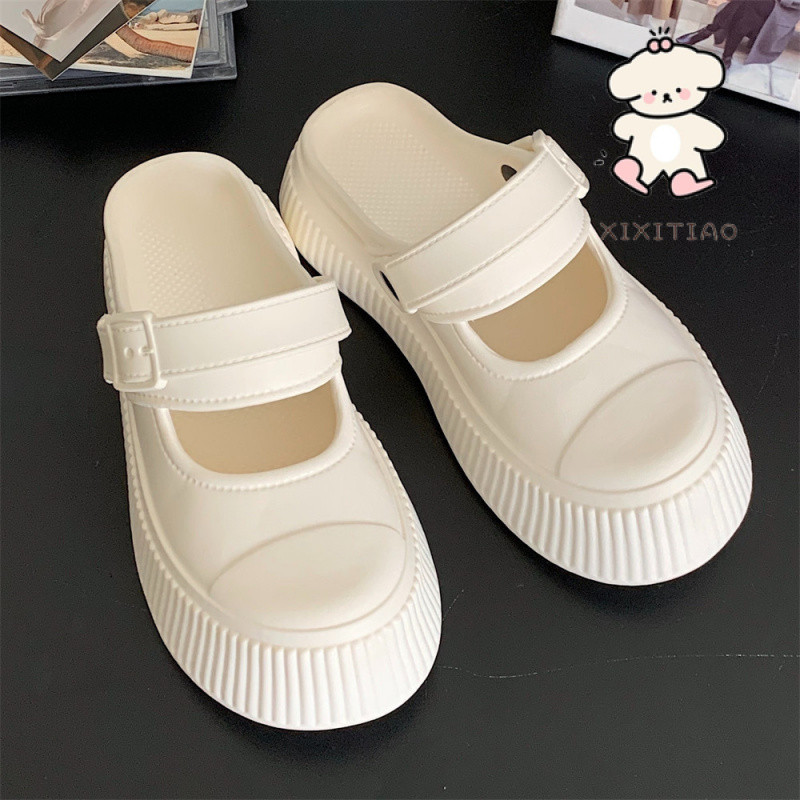 Xixitiao Mary Jane Dép Dép Thời Trang Phong Cách Mới Mùa Hè Mặc Ngoài Đầu Lớn Giày Trắng Nữ Đơn Giản