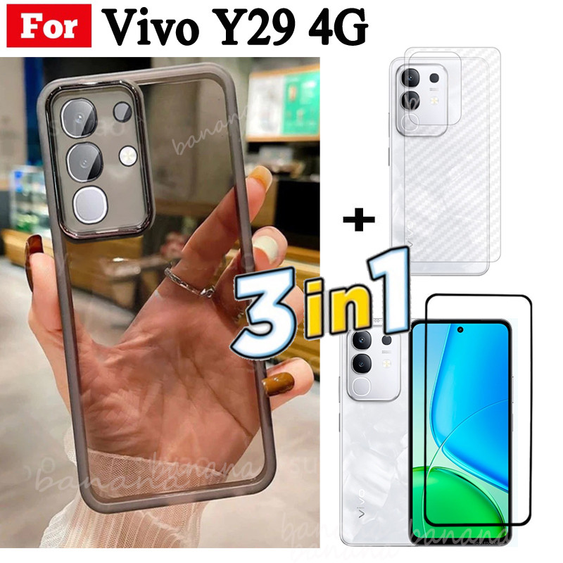 Ốp điện thoại Vivo Y29 4G Y19S Vỏ mềm trong suốt mạ bảo vệ Camera và kính cường lực và mặt sau 3 trong 1